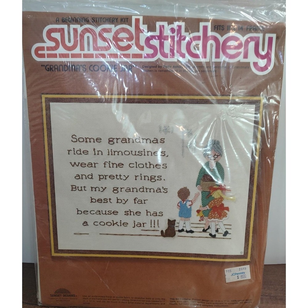 Vtg Sunset Stitchery Grandma's Cookie Jar Beginning Stitchery Kit 11x14" A10